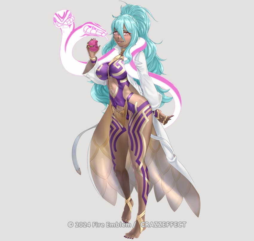 1girls bare_legs barefoot blue_hair blush bodystocking breasts coat crazzeffect dark-skinned_female dark_skin eating female female_only fire_emblem fire_emblem_heroes fruit full_body grey_background hair_between_eyes large_breasts legs light_blue_hair long_hair long_sleeves looking_at_viewer nail_polish nidhoggr_(fire_emblem) nintendo pink_eyes ponytail purple_nails smile snake solo tongue tongue_out very_long_hair wavy_hair