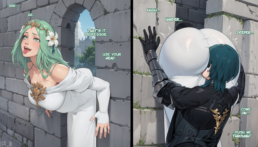 1girls ai_generated ass bare_shoulders big_ass bottom_heavy byleth_(fire_emblem) byleth_(fire_emblem)_(male) circlet english_text facesitting fire_emblem fire_emblem:_three_houses green_dress green_hair hair_flower huge_ass lt4_ai pushing rhea_(fire_emblem) smile smothering stuck stuck_in_door stuck_in_wall text through_wall tight_dress white_dress wide_hips