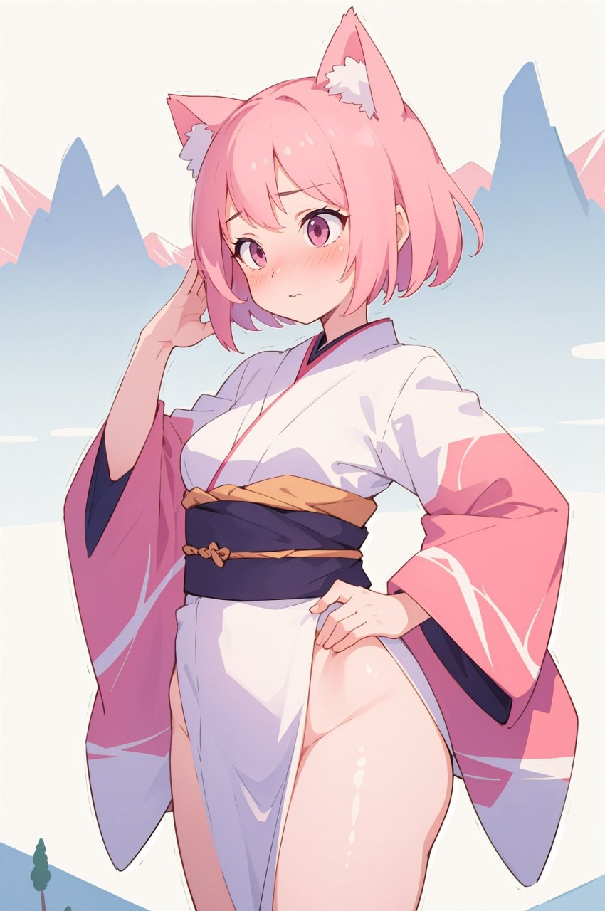 ai_generated blushed cat_girl catgirl jorgecarlosai kimono mountain mountains neko neko_girl nekomimi pink pink_eyes pink_hair short_hair shy small_boobs small_breasts thick thick_ass thick_thighs wide_hips