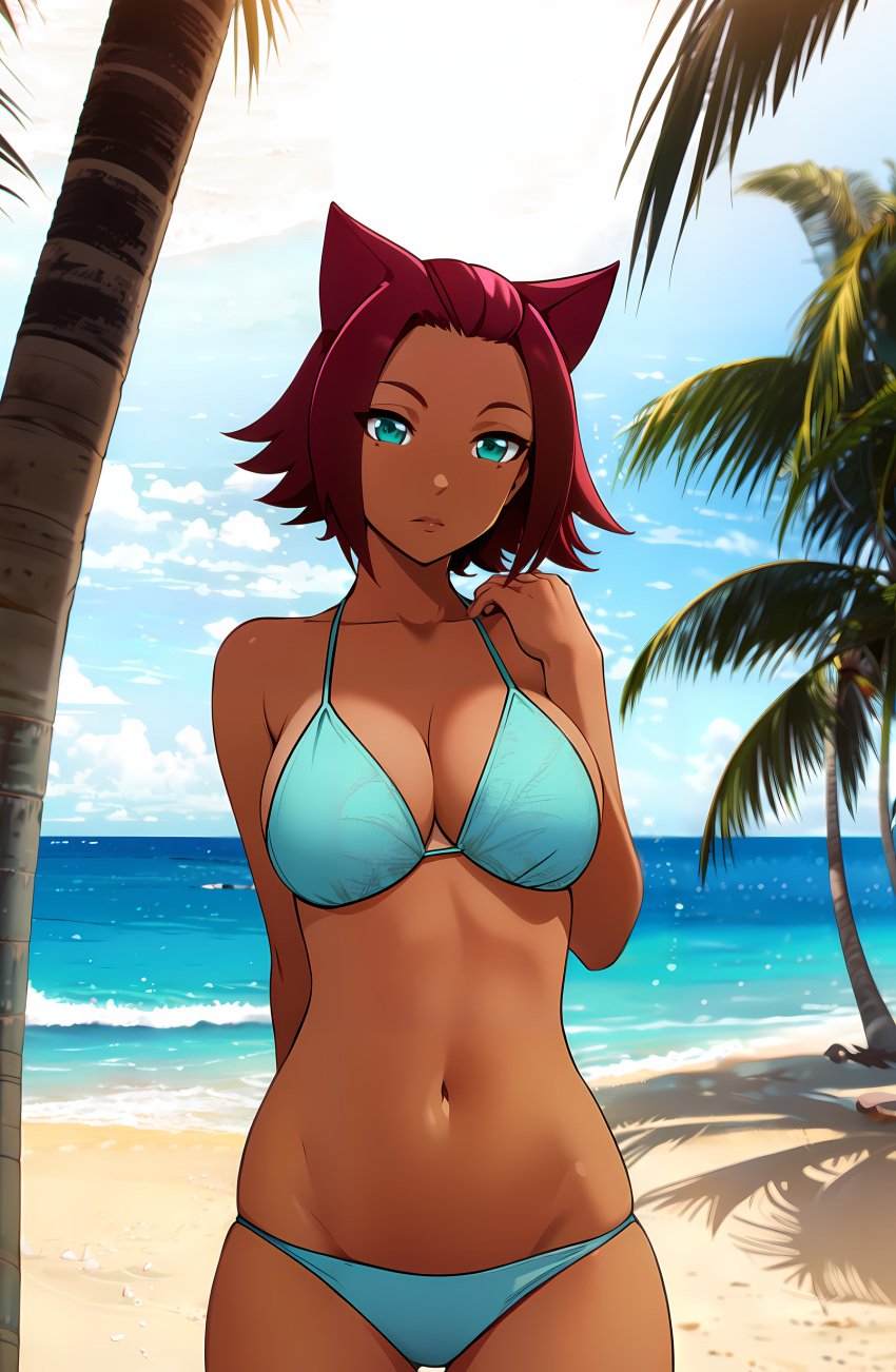 ai_generated bangs beach bikini bleach cat_ears curvaceous dark-skinned_female female female haineko maroon_hair nai_diffusion palm_tree short_hair solo stable_diffusion sun turquoise_bikini turquoise_eyes unstable_diffusion