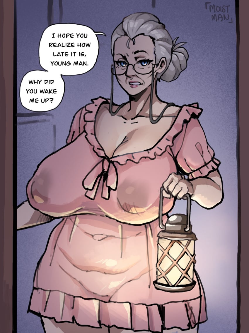 breasts dialogue female gilf glasses gown grandmother grey_hair huge_breasts lantern large_breasts mature mature_female moistman nun older_female panties speech_bubble transparent_clothing voluptuous_female wrinkles