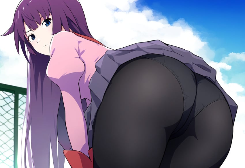 1girls ai_generated ass big_ass black_panties blunt_bangs expressionless female long_hair monogatari_(series) naoetsu_high_school_uniform novelai panties_under_pantyhose pantyhose purple_hair senjougahara_hitagi skirt