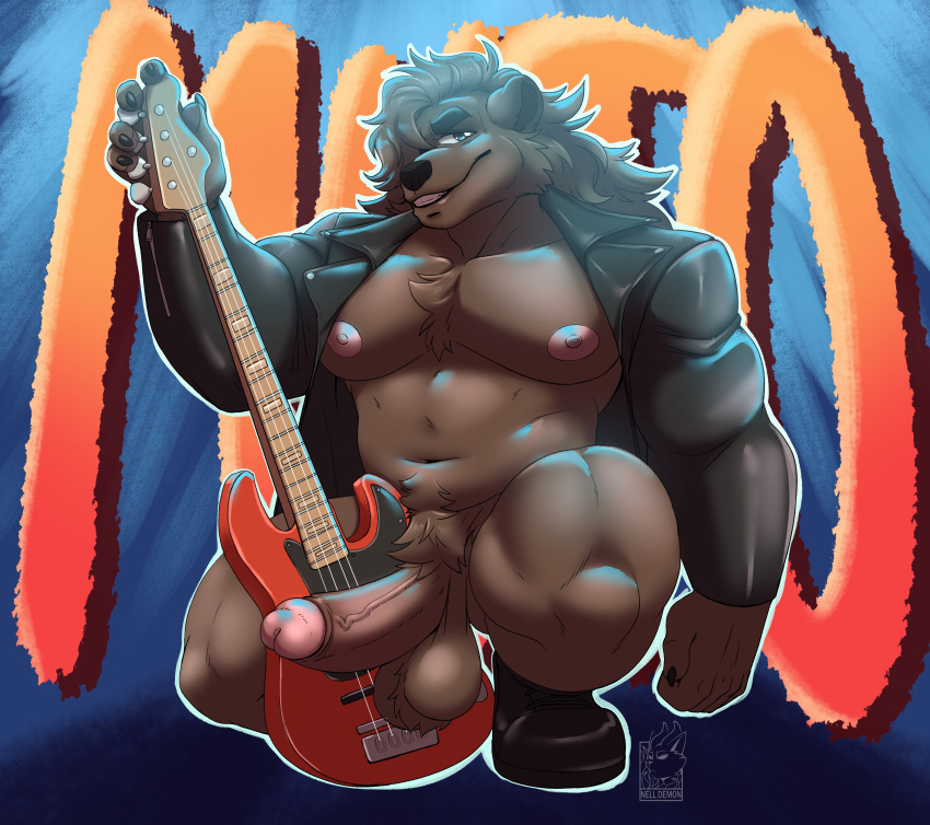 2024 abstract_background absurd_res anthro areola balls barazoku bass bear bedroom_eyes big_balls big_muscles big_pecs big_penis blue_background boots bottomless bottomless_anthro bottomless_male brown_bear character_name claws clothed clothing crouching erection eyebrows footwear foreskin fur genitals guitar hair hi_res humanoid_genitalia humanoid_penis jacket leather leather_clothing leather_jacket leather_topwear long_hair looking_at_viewer male mammal muscular muscular_anthro muscular_male musical_instrument muto_(fuzzmar) narrowed_eyes navel nelldemon nipples open_clothing open_jacket open_topwear pecs penis plucked_string_instrument presenting presenting_penis rockstar saggy_balls seductive shadow simple_background smile solo string_instrument thick_penis thick_thighs topwear tuft ursine vein watermark