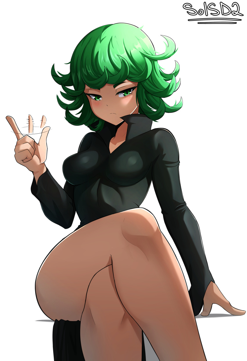 1girls black_dress blush blush breasts clothing dress female female_only gesture green_eyes green_hair hair high_resolution highres legs legs_crossed medium_breasts motion_blur one-punch_man short_hair sol-sama_d2 solo solo_female tatsumaki thick_thighs thighs