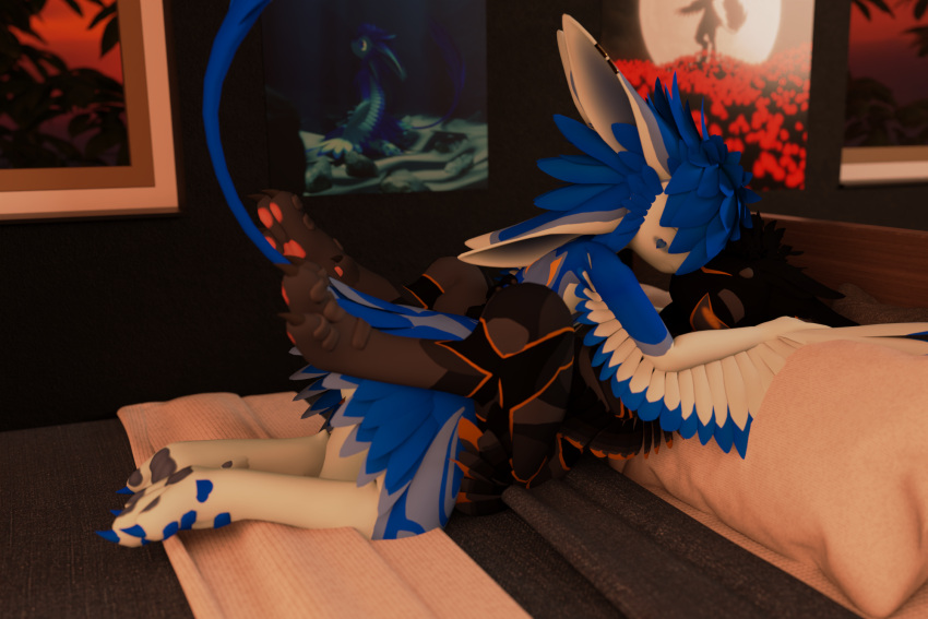 3d_(artwork) 4_ears anthro avali bed black_body black_feathers black_fur blue_body blue_feathers blue_fur blush closed_eyes detailed_background digital_media_(artwork) duo feathers from_front_position fur furniture heart hi_res hugging_during_sex jukkavali kyrie_(jukkavali) legs_up lying male/male missionary_position multi_ear obscured_penetration obscured_sex on_back on_bed pillow plant poster sex sunset winged_arms wings