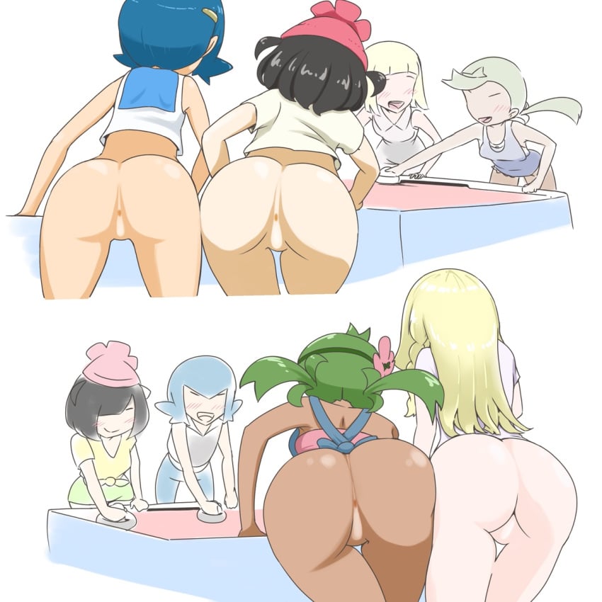 4girls air_hockey almost_naked anus anus_focus anus_peek ass ass-to-ass ass_focus ass_up asshole asshole_focus black_hair blonde blonde_female blonde_hair blue_hair blush blush_lines bob_cut bottomless butthole butthole_focus dark-skinned_female dark_skin female female_only flat_chest green_hair hair_ornament half-dressed half_naked hat huge_ass human human_only lana_(pokemon) light-skinned_female light_skin lillie_(pokemon) long_hair mallow_(pokemon) microsd_(artist) multiple_girls nintendo no_eyes pigtails pokemon pokemon_sm ponytail ponytails red_hat selene_(pokemon) shiny_butt shiny_hair shiny_skin short_hair simple_background slim slim_waist thick_ass two_perspectives white_background yuri