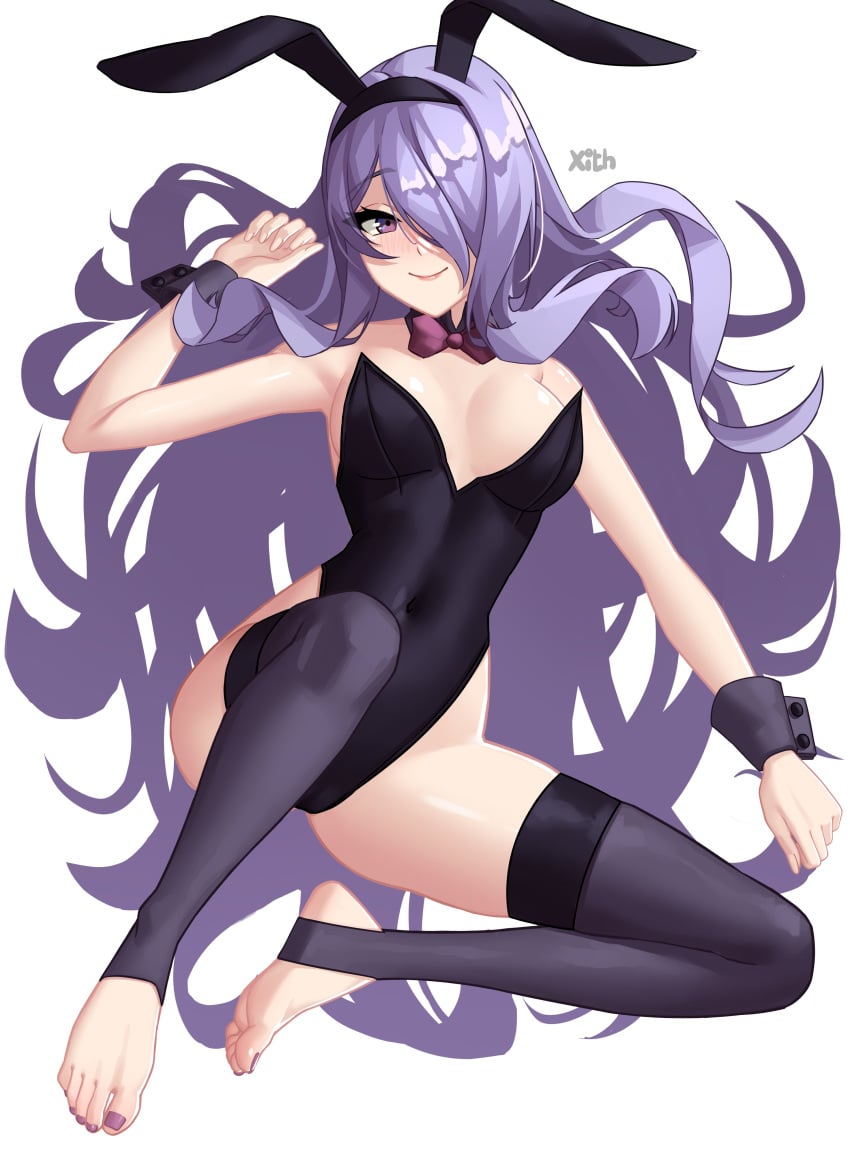 alternate_costume bowtie breasts bunny_ears bunny_girl bunnysuit camilla_(fire_emblem) cleavage detached_collar female female_only fire_emblem fire_emblem_fates hair_over_one_eye lavender_hair leotard nintendo purple_hair solo stirrup_legwear thighhighs toeless_legwear wrist_cuffs x_xith_x