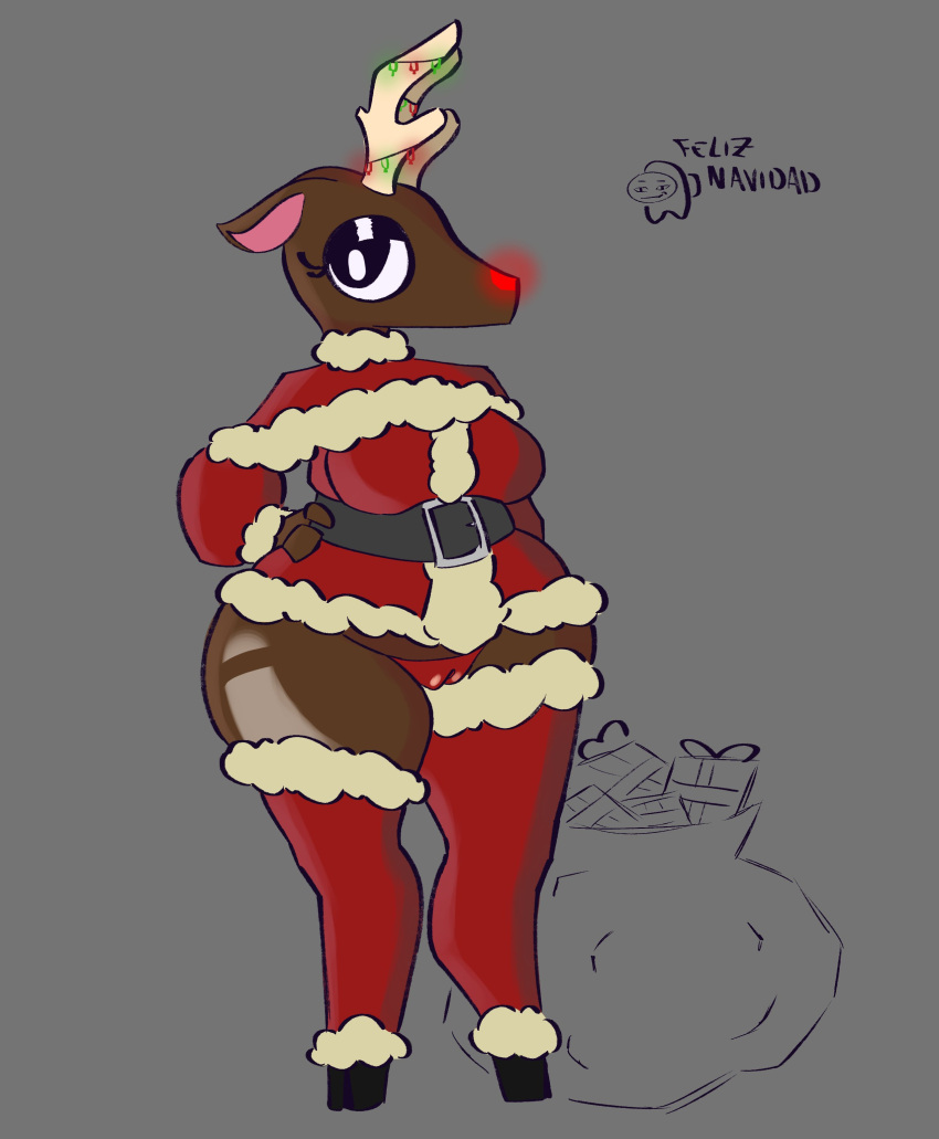 absurd_res anthro antlers black_eyes brown_body brown_fur camel_toe christmas clothing deer eyelashes female fur grey_background hand_on_hip hi_res holidays hooves horn justelm25 legwear looking_at_viewer mammal new_world_deer panties red_clothing red_legwear red_nose red_panties red_thigh_highs red_topwear red_underwear reindeer simple_background solo thick_thighs thigh_highs topwear underwear wide_hips