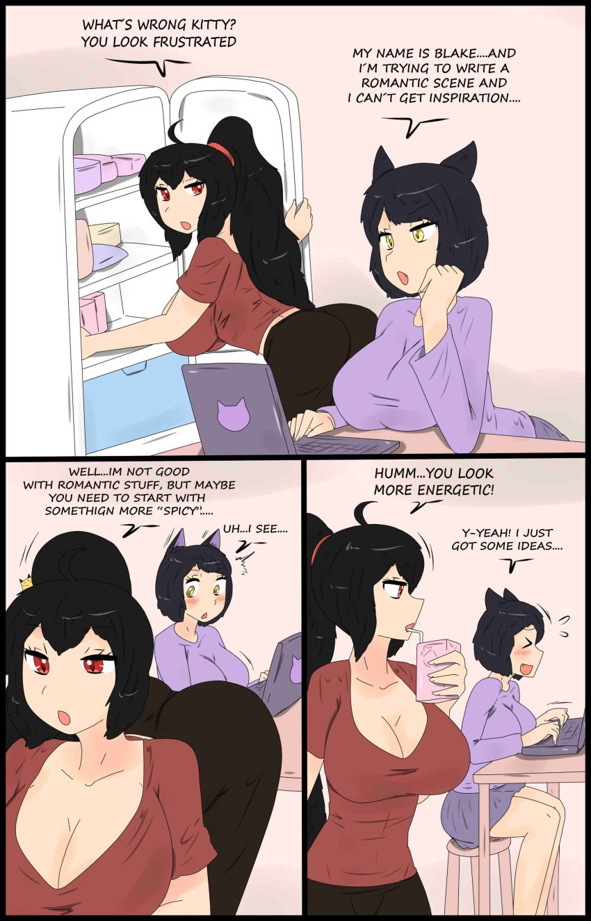 2girls ass ass_awe big_ass big_breasts black_hair black_hair_female blake_belladonna breasts cleavage fjtiko laptop long_hair long_hair_female looking_at_ass milf nickname ponytail raven_branwen red_eyes rwby text yellow_eyes zronku