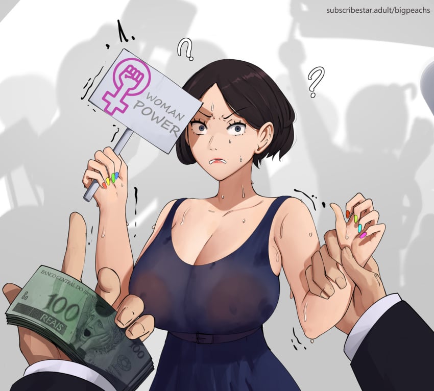 bigpeachs black_hair clothed clothed_female confused feminist grabbing grabbing_arm money offering offering_money prostitution protest protesting puririn_(puririiin) question_mark sweat sweatdrop sweating