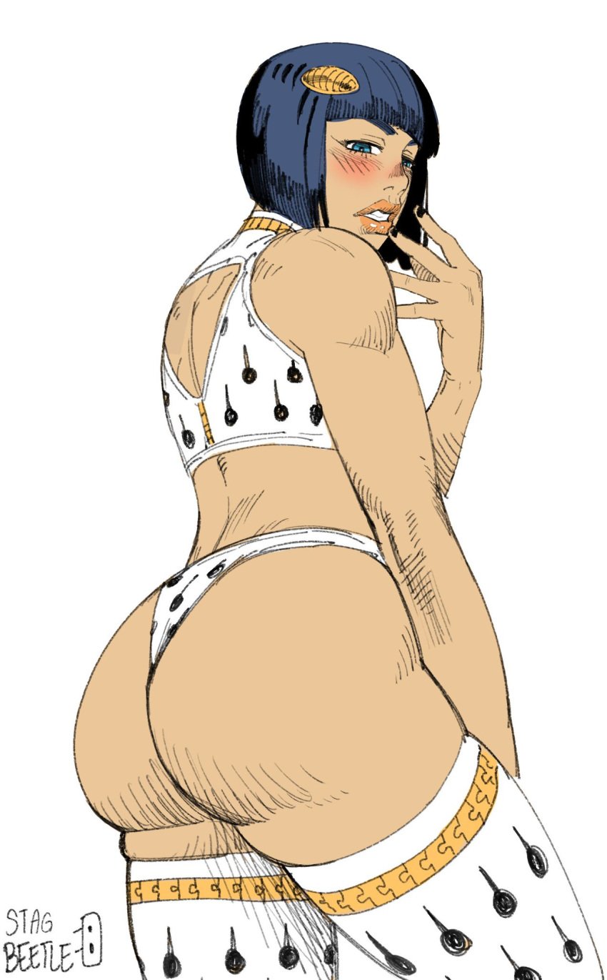 ass big_ass blush bruno_buccellati crop_top crossdressing femboy jojo's_bizarre_adventure male male_only namnums painted_nails stagbeetle thighhighs thong vento_aureo