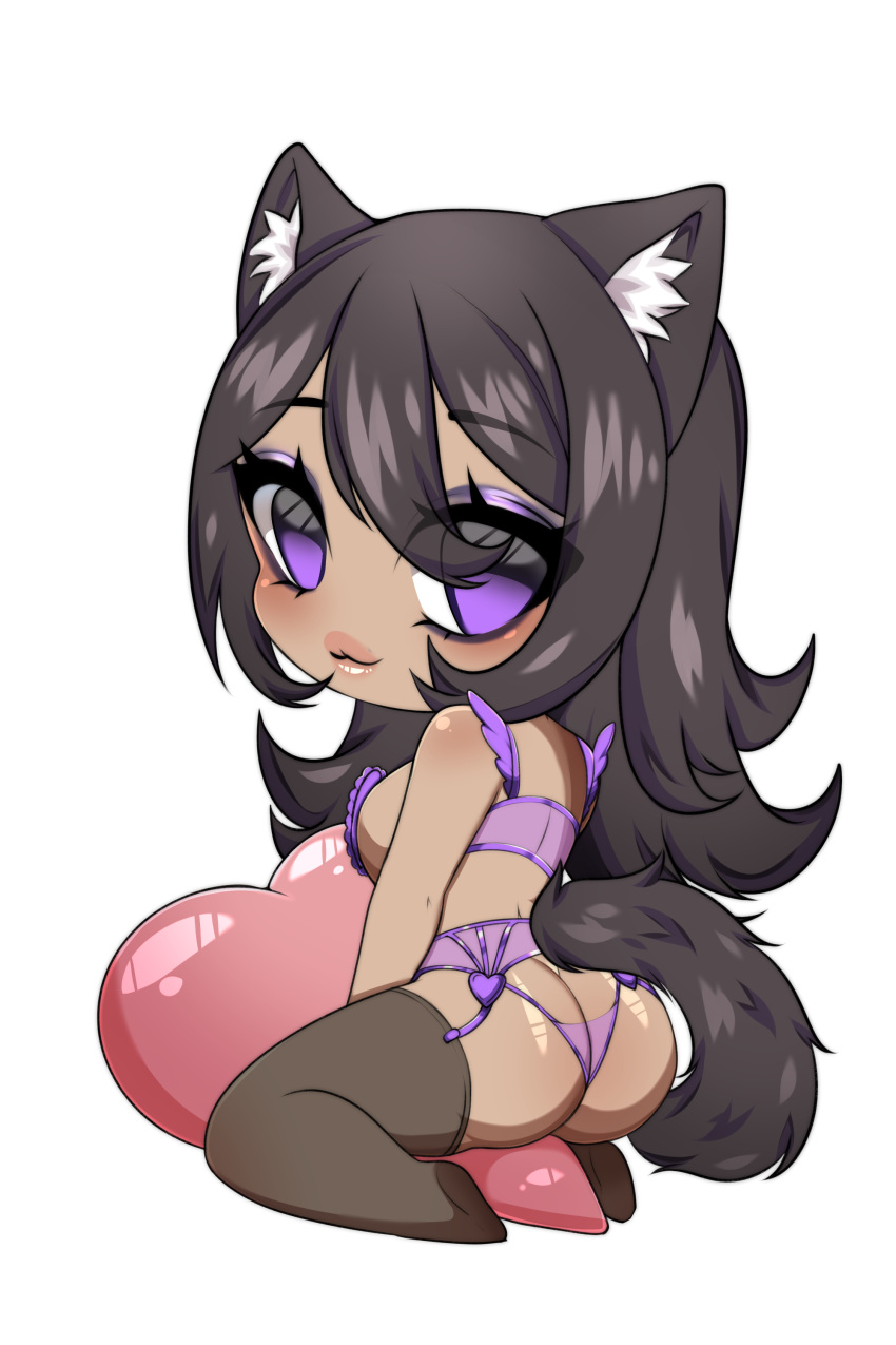 :3 adorable ass ass_focus big_ass big_breasts big_eyes big_head black_hair cat_ears cat_tail catgirl chibi cute dark_hair dick_sucking_lips ear_fluff eyebrows_visible_through_hair eyelashes eyes eyeshadow fluffy_ears fluffy_tail garter_belt garter_straps gluteal_fold heart heart_pillow hourglass_figure inner_ear_fluff lace_bra lace_garter_belt lace_lingerie lace_panties legwear lingerie lingerie_only long_hair looking_at_viewer looking_back makeup neko neoteny no_feet no_nose oceanboundart pillow plain_background plump_lips purple_clothing purple_eyes purple_eyeshadow purple_garter_belt purple_garter_straps purple_lingerie see-through_hair shiny_skin sideboob stockings streamer tail thatspookynekogirl thick_eyelashes thick_thighs thigh_highs thighhighs twitch twitch.tv valentine's_day virtual_youtuber vtuber white_background