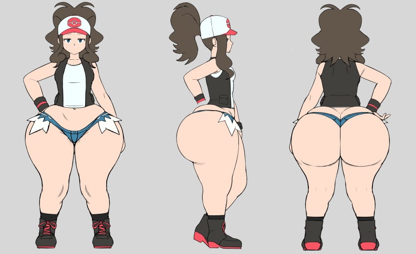 1girls ass_bigger_than_head ass_cleavage ass_focus ass_window blue_eyes bottom_heavy breastless brown_hair bubble_butt butt_crack casual character_sheet clothed dumptruck_ass female female_only grey_impact hilda_(pokemon) huge_ass jeans no_underwear pokemon pubic_hair pubic_hair_peek short_shorts shorts sideass thick_thighs