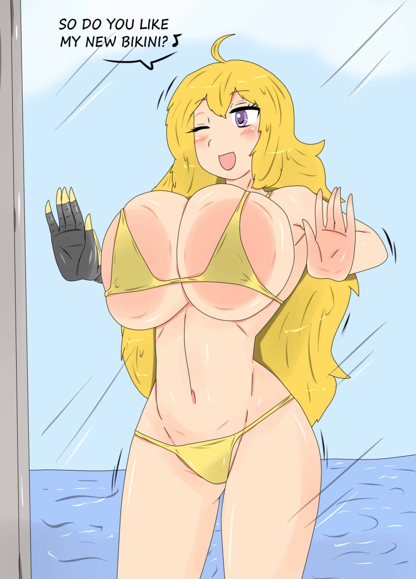 1girls against_glass big_breasts bikini bikini_bottom bikini_top blonde_female blonde_hair breast_press breasts_against_glass busty cleavage female female_only fjtiko large_breasts long_hair long_hair_female navel purple_eyes robotic_arm rwby smile solo yang_xiao_long zronku