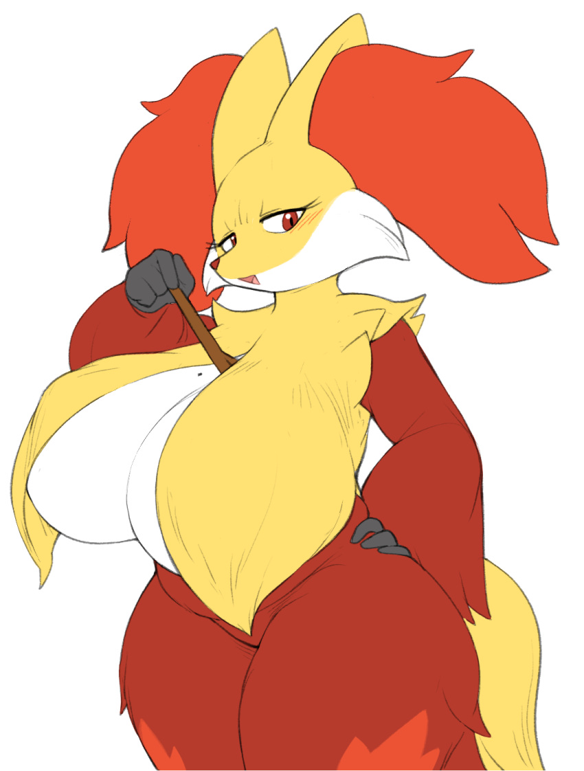 anthro big_breasts breasts canid canine delphox female fox fur generation_6_pokemon mammal multicolored_body multicolored_fur nintendo orange_body orange_fur pokemon pokemon_(species) pururing red_body red_fur solo yellow_body yellow_fur