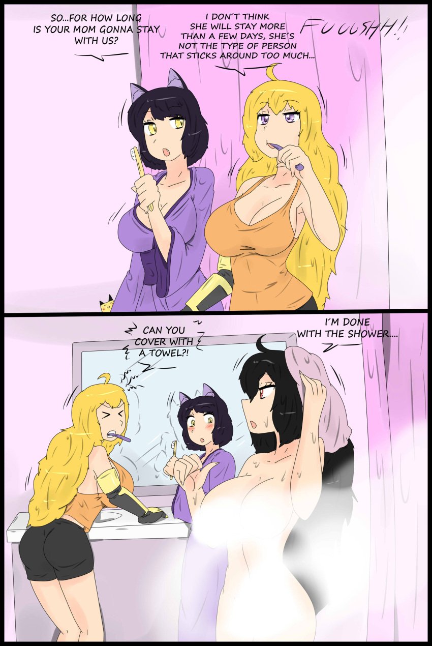 black_hair black_hair_female blake_belladonna blonde_female blonde_hair brushing_teeth fjtiko long_hair long_hair_female milf mother nude_female purple_eyes raven_branwen red_eyes robotic_arm rwby stream wet wet_body yang_xiao_long yellow_eyes zronku