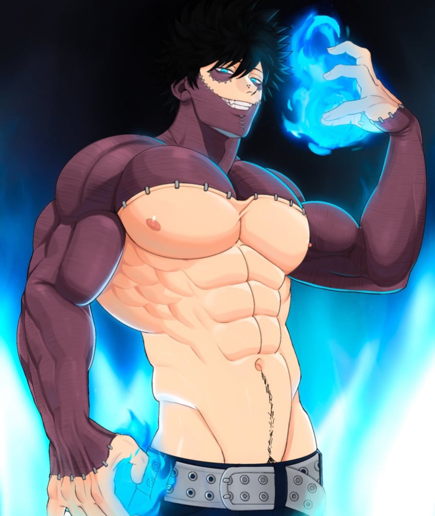 1boy abs artist_request big_breasts black_hair blue_eyes blue_fire boku_no_hero_academia dabi fire looking_at_viewer male_only man_boobs muscles muscular muscular_male my_hero_academia smile smiling smiling_at_viewer solo topless v-line