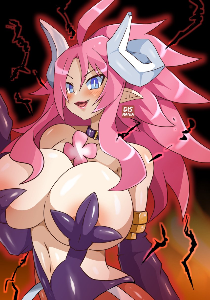 artina barely_contained big_breasts breasts cleavage cosplay demon_girl demon_horns disgaea disgaea_4 disgaea_rpg dismania gigantic_breasts huge_breasts la_pucelle_tactics large_breasts looking_at_viewer nippon_ichi_software overlord_priere overlord_priere_(cosplay) pink_hair priere priere_(cosplay) revealing_clothes revealing_clothing skimpy_clothes visible_areolae