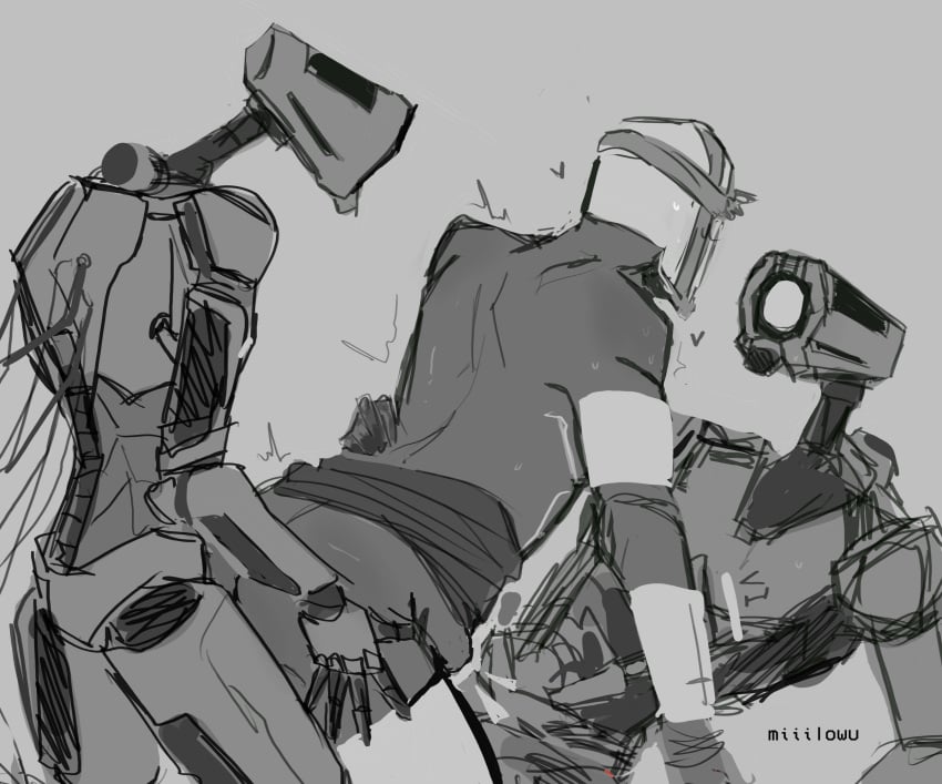 ambiguous_penetration ass black_and_white double_penetration gabriel_(ultrakill) gay gay_sex grayscale greyscale helmet mask masked robophilia robot robot_on_angel threesome ultrakill v1_(ultrakill) v2_(ultrakill)