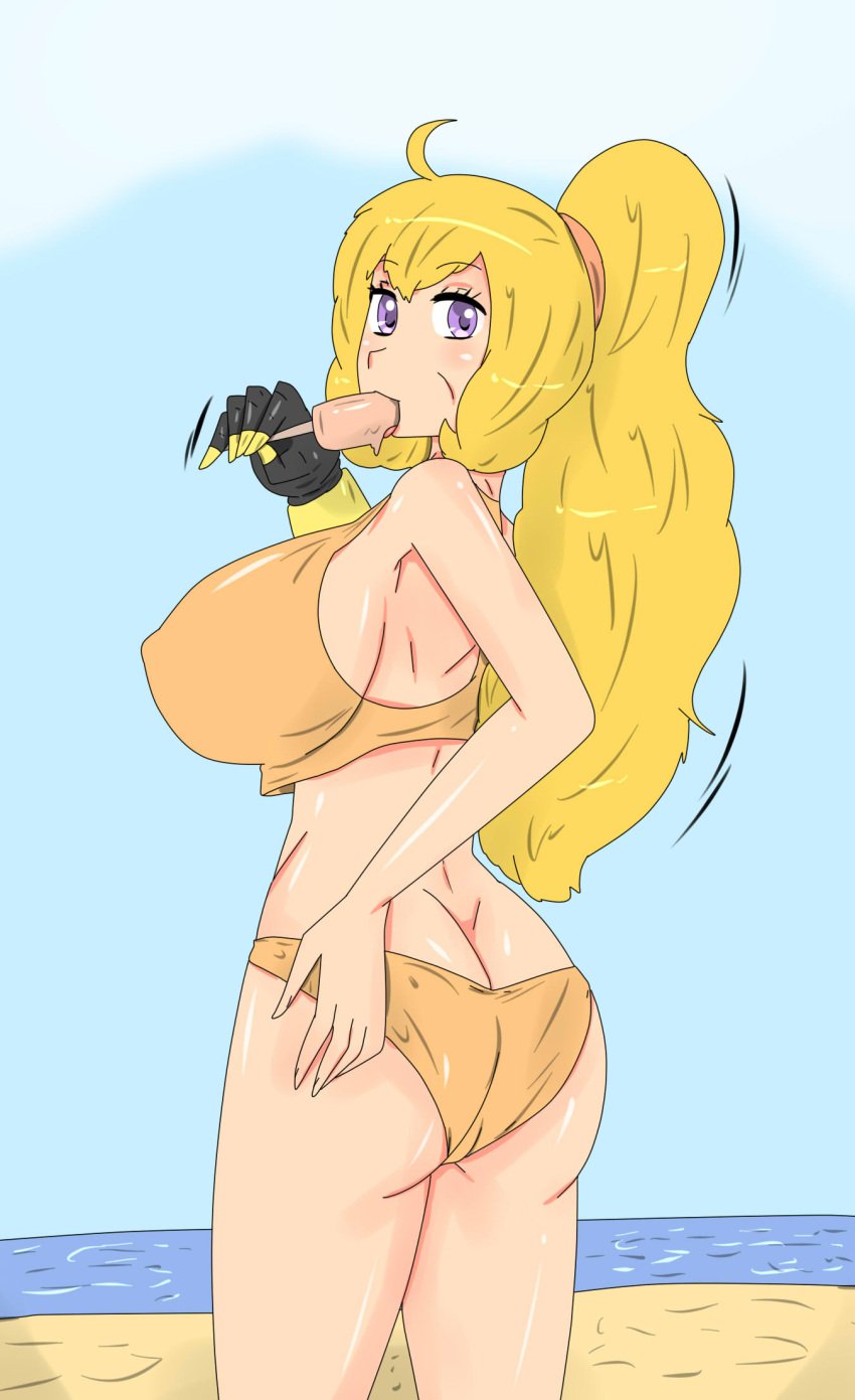 1girls beach bikini bikini_bottom bikini_top blonde_female blonde_hair fjtiko long_hair long_hair_female looking_back ocean ponytail popsicle purple_eyes robotic_arm rwby yang_xiao_long zronku