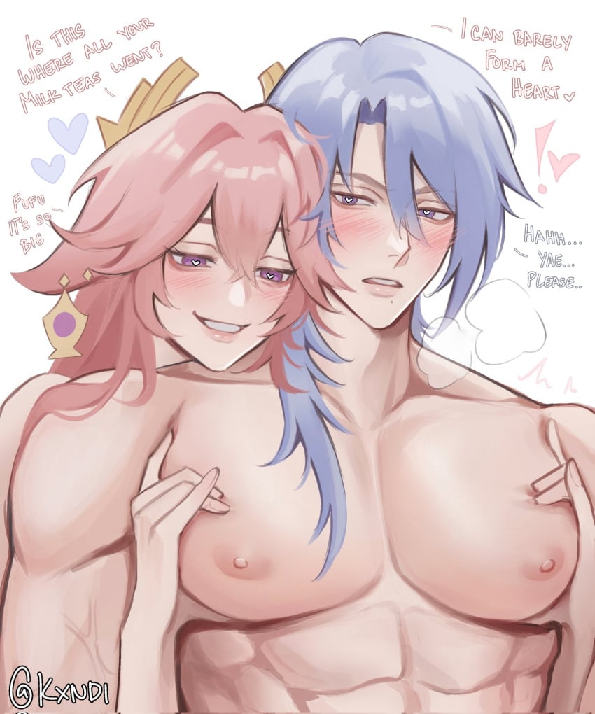 1boy 1girls blue_hair blush female genshin_impact heart heart-shaped_pupils heart_eyes kamisato_ayato kxndi male male/female muscles muscular_male pink_hair seductive_smile smiling tagme text yae_miko