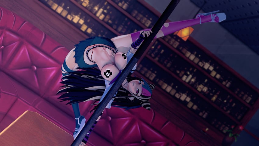 1girls artist_request ass black_hair blue_hair breasts dancing danganronpa danganronpa_2:_goodbye_despair horns koikatsu legs_apart legs_spread long_hair medium_breasts mioda_ibuki pink_hair sole_female stripper_pole tagme thick_thighs three_tone_hair wafles_coffe