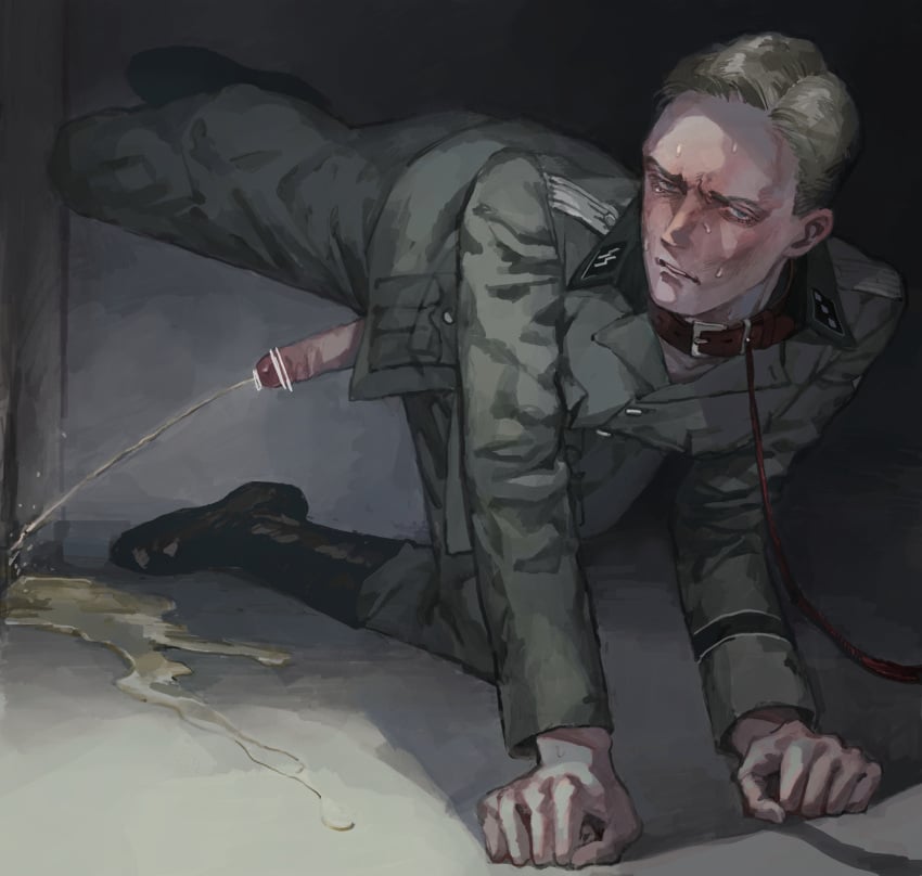 blonde_hair blue_eyes blush collar dog_collar gay humiliation leash malesub military_uniform nazi officer peeing piss submissive urinating urination urine waffen-ss yaoi