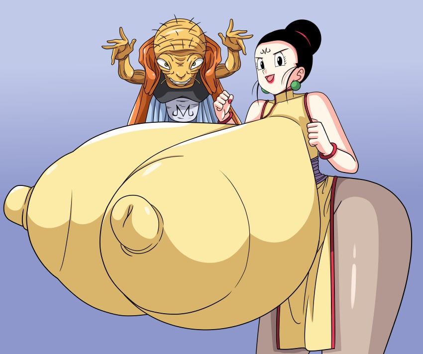 1boy 1girls alternate_breast_size babidi big_ass big_breasts big_butt big_nipples black_eyes black_hair breasts_bigger_than_head chichi chichi_(majin_buu_saga) dat_ass dragon_ball dragon_ball_z hi_res high_resolution huge_breasts large_ass large_breasts large_thighs light-skinned_female milf milk nipples nipples_visible_through_clothing pantyhose shonen_jump small_male thighhighs thighs toshiso yellow_dress yellow_skin