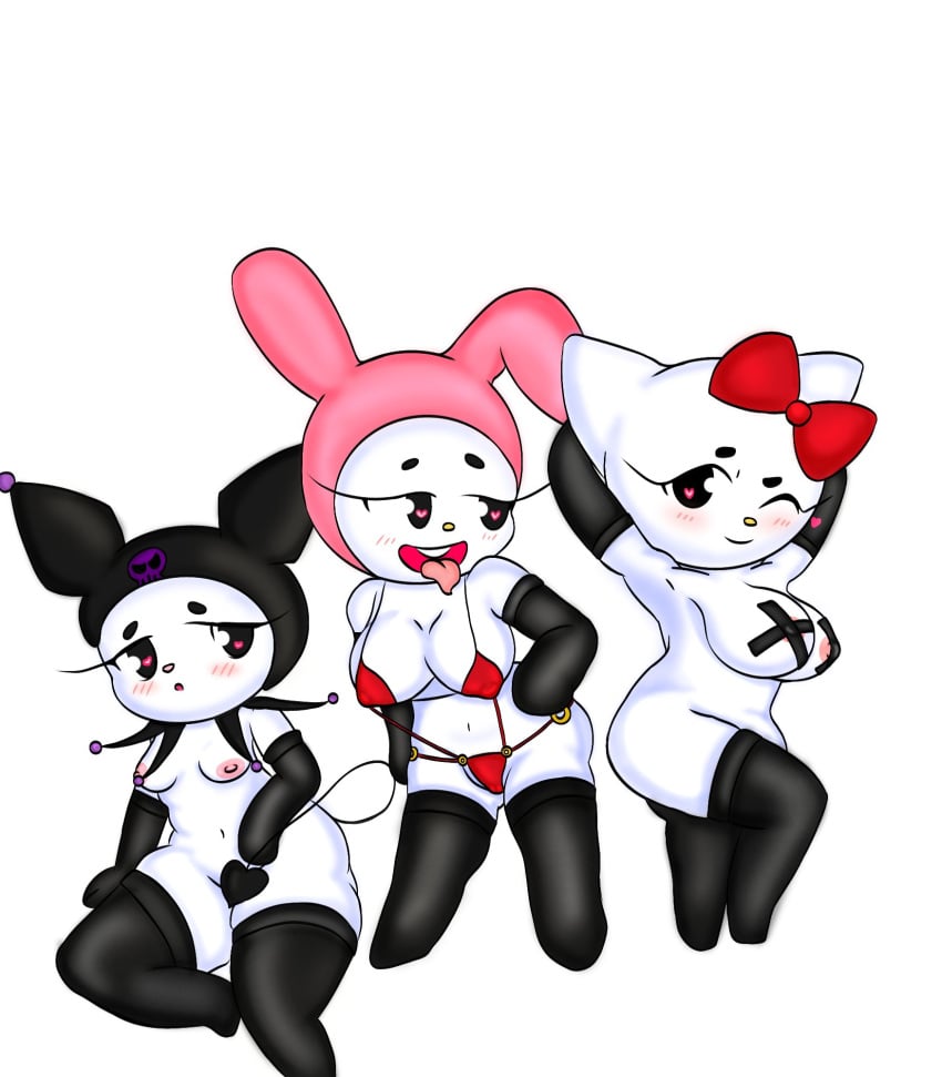 anthro big_breasts bikini blush bow_ribbon breasts clothing covering covering_crotch felid feline female female/female group hello_kitty_(character) hello_kitty_(series) hi_res kitty_white kuromi lagomorph latex legwear leporid looking_at_viewer mammal micro_bikini my_melody nipple_outline nipples onegai_my_melody pasties rabbit riverxa sanrio stockings swimwear tongue tongue_out trio two-piece_swimsuit