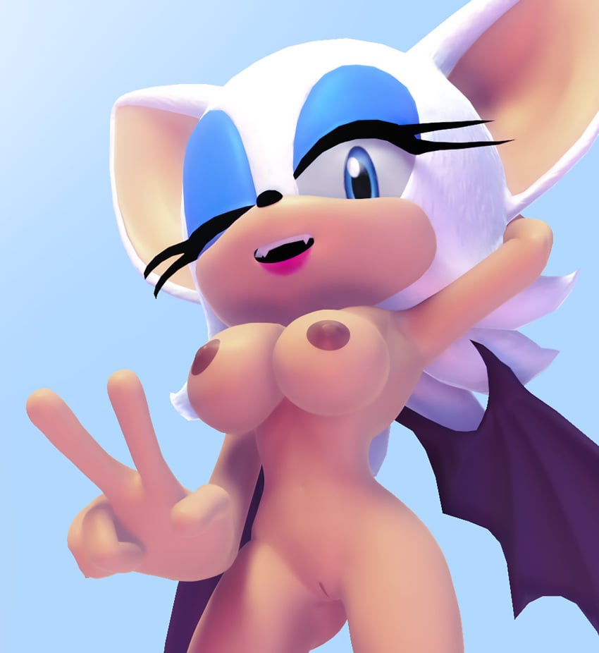 3d 3d_(artwork) 3d_model 3d_render bat_ears bat_wings big_ass big_booty big_breasts big_breasts big_butt big_titties blue_eyes blue_eyeshadow dark_areola dark_nipples dark_skin eyelashes fangs hips hourglass_figure naked naked_female one_arm_behind_head one_eye_closed open_smile peace_sign pink_lipstick pussy rarequinez rouge_the_bat sega sonic_(series) sonic_the_hedgehog_(series) thick_thighs thighs vagina white_fur white_hair wink winking winking_at_viewer