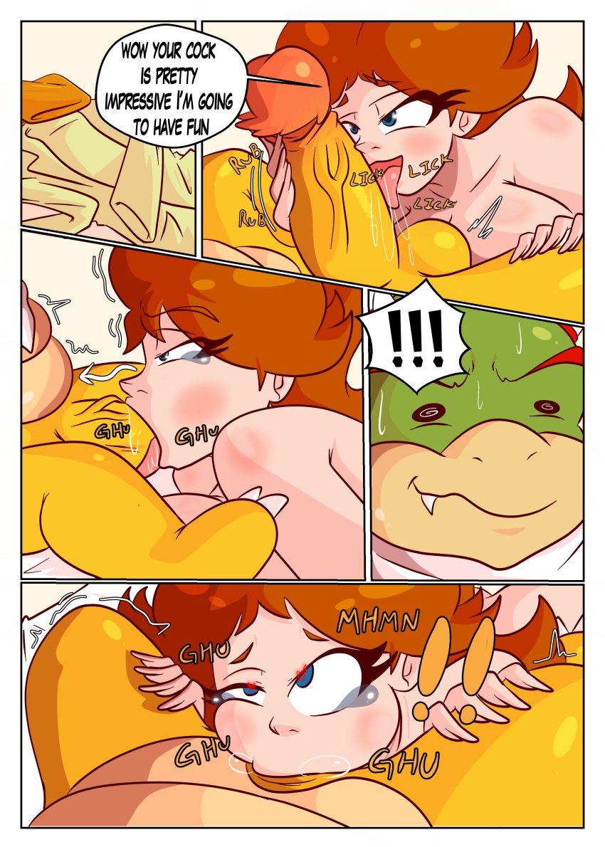 1girls artlaccer_(artist) blowjob bowser_jr. breasts breasts_bigger_than_head breasts_out brown_hair busty doctor dr._daisy dr._mario_(series) fellatio large_breasts legs light_skin mario_(series) naked naked_female nipples princess_daisy thighs undressing