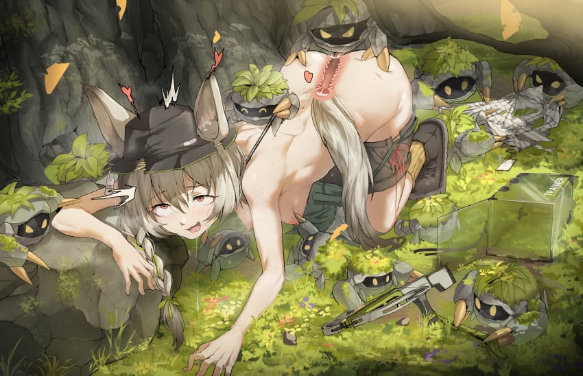 1girls absurd_res absurdres all_fours animal_ears areolae arknights ass back bangs beanstalk_(arknights) boots box braid breasts clothes_pull crossbow cum cum_in_pussy cum_inside cumshot dodok dodok_(gj77230) drooling female female_focus grass grey_hair hat headwear hi_res highres light-skinned_female light_skin long_hair metal_crab_(arknights) monster nipples nude nude_female open_mouth orgasm orgasm_face outdoors penetration penis ripped_clothing ripped_panties rock tail torn_clothes vaginal_penetration vaginal_sex x-ray zoophilia