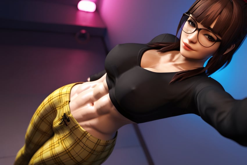 1girls 3d 3d_(artwork) abs ai ai_generated bangs bare_midriff big_ass big_breasts black_shirt blunt_bangs brown_hair brown_hair busty female glasses long_hair long_sleeves madz(oc) pawg perfect_ass perfect_body plaid plaid_pants ponytail radnsad selfie slim_girl slim_thick slim_waist solo solo_female solo_focus thick_thighs tight_clothing toned_female yellow_pants