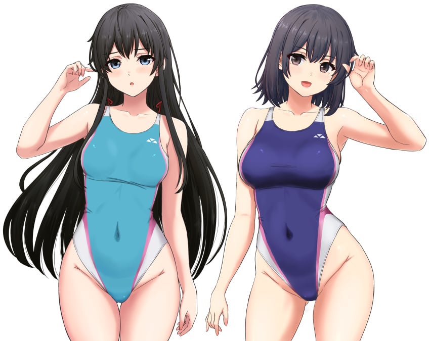 2girls :d :o absurd_res alluring big_breasts black_hair blue_eyes blue_one-piece_bikini blush collarbone commentary_request competition_swimsuit contrapposto covered_navel cowboy_shot hand_up high_res highleg highleg_one-piece_bikini inanaki_shiki long_hair looking_at_viewer medium_breasts medium_hair multiple_girls my_teen_romantic_comedy_snafu one-piece_bikini open_mouth parted_lips red_ribbon ribbon silf silfs simple_background small_breasts smile standing swimsuit thigh_gap thighs tongue very_long_hair white_background yahari_ore_no_seishun_lovecome_wa_machigatteiru. yukinoshita_haruno yukinoshita_yukino