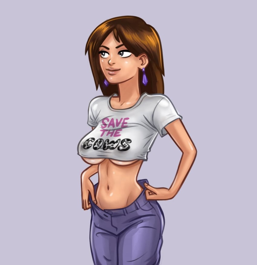 1girls 2d 2d_(artwork) big_breasts breasts brown_hair brown_hair cappercan cropped_shirt diane_(summertime_saga) digital_drawing_(artwork) digital_media_(artwork) earrings fanart female female_focus female_only jeans light-skinned_female light_skin medium_breasts no_bra no_panties pants shirt showing_off slim_waist summertime_saga underboob