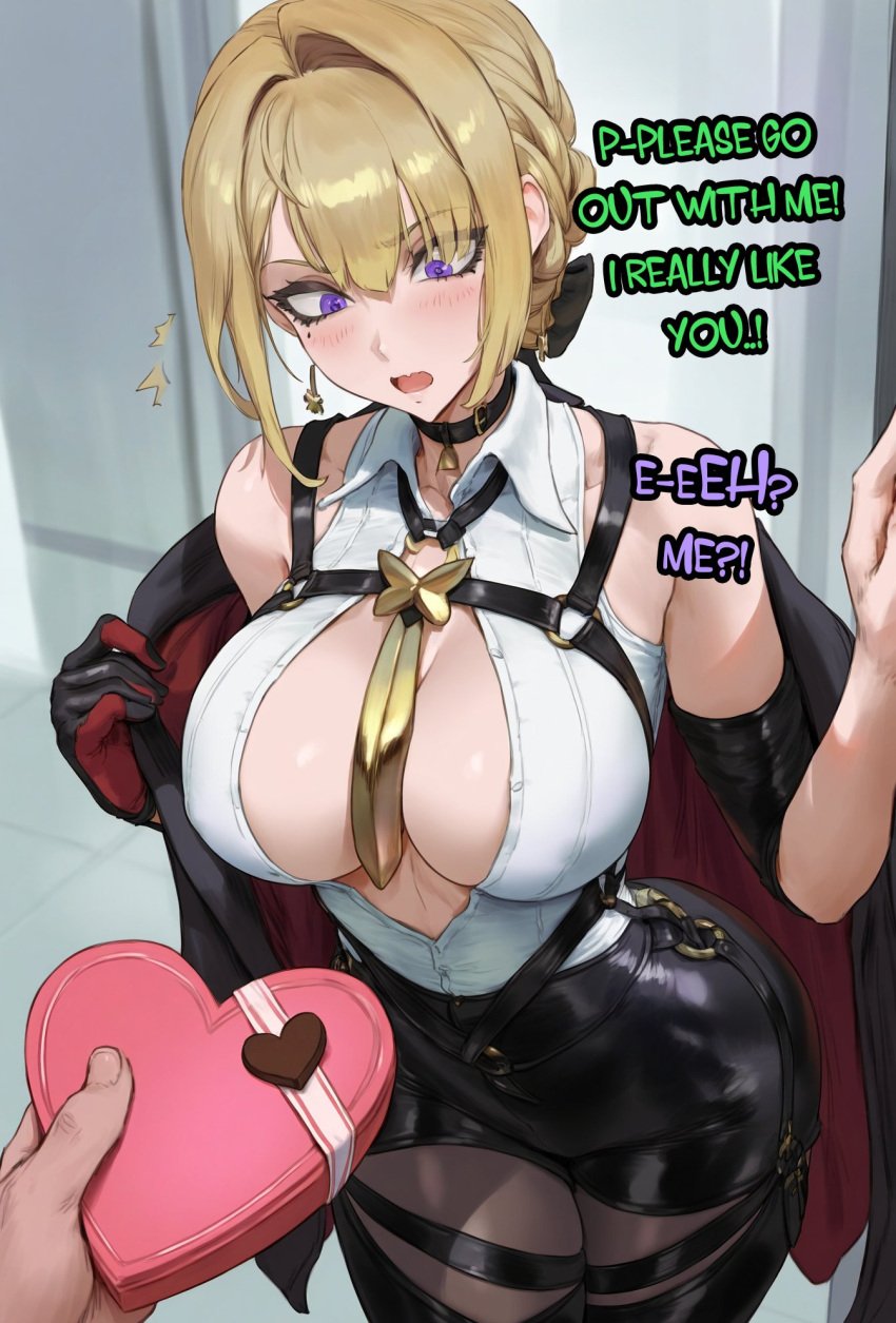 1boy 1girls ai_generated aipotions big_breasts blonde_hair blush color evelyn_chevalier female hi_res large_breasts light-skinned_female light_skin long_hair male male/female mihoyo purple_eyes tagme text thick_thighs zenless_zone_zero