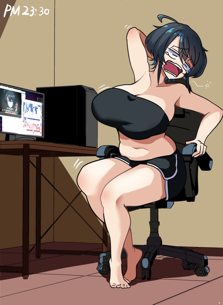 30th_video_rentals ahoge arm_behind_head belly big_breasts black_bra black_hair black_shorts bra breast_focus breasts_bigger_than_head cleavage closed_eyes computer computer_monitor computer_tower crossed_legs enormous_breasts feet gigantic_breasts hand_behind_head huge_breasts indie_virtual_youtuber indoors kataochi_chuuko kataoti_30 large_breasts midriff nakako_kataochi navel open_mouth plump short_hair shorts sitting sitting_on_chair sports_shorts stretching teary_eyes thick_thighs tired toes virtual_youtuber vtuber wide_hips yawn yawning