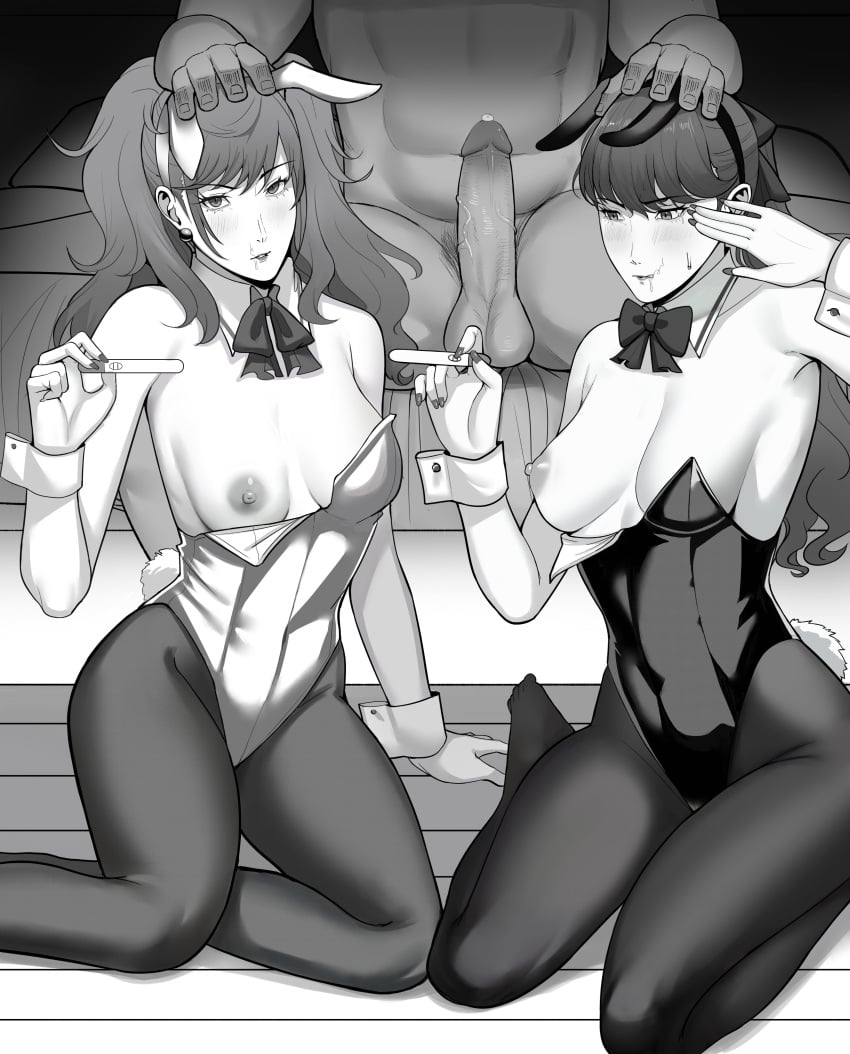 1boy 2girls after_fellatio anonymous_male breasts bunny_ears bunnysuit dnumde hand_on_head kasumi_yoshizawa kujikawa_rise monochrome nipples persona persona_4 persona_5 pubic_hair pubic_hair_in_mouth stray_pubic_hair submissive_female sumire_yoshizawa