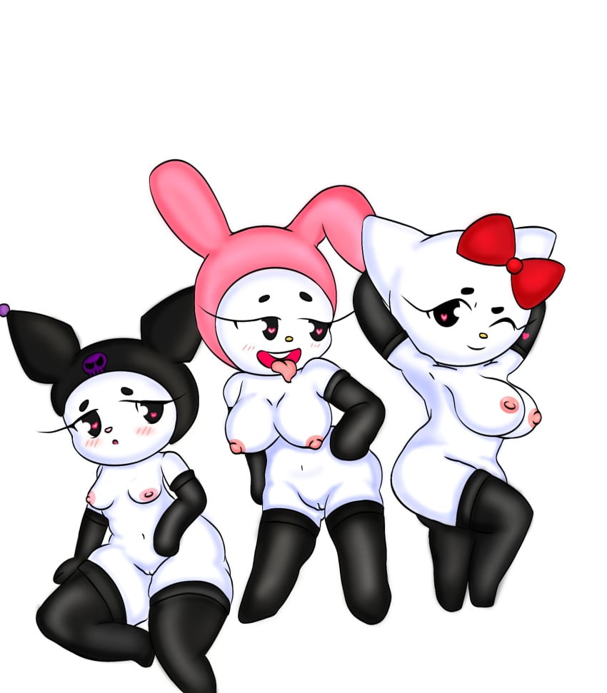 anthro domestic_cat felid feline felis female female/female group hello_kitty_(character) hello_kitty_(series) hi_res kuromi lagomorph latex leporid mammal my_melody nude onegai_my_melody posing_for_picture rabbit riverxa sanrio trio