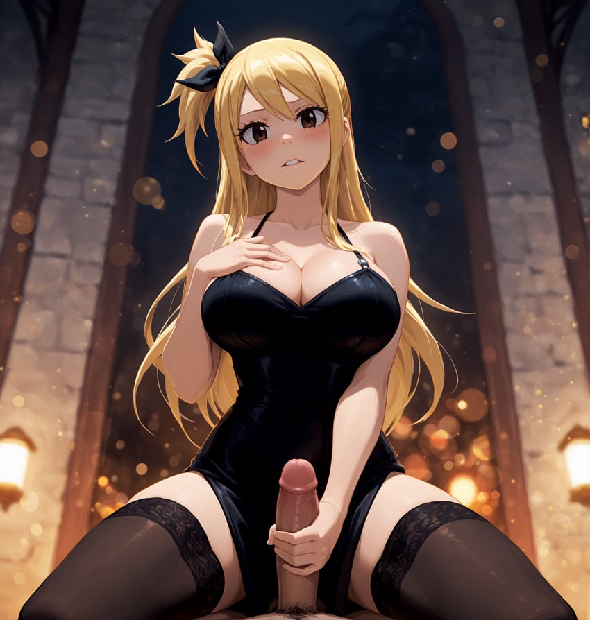 ai_generated blonde_hair cleavage cocktail_dress cowgirl_position fairy_tail hair_ribbon handjob illustrious_(stable_diffusion) long_dress long_hair looking_at_viewer lucy_heartfilia one_side_up payop pov stockings straddling