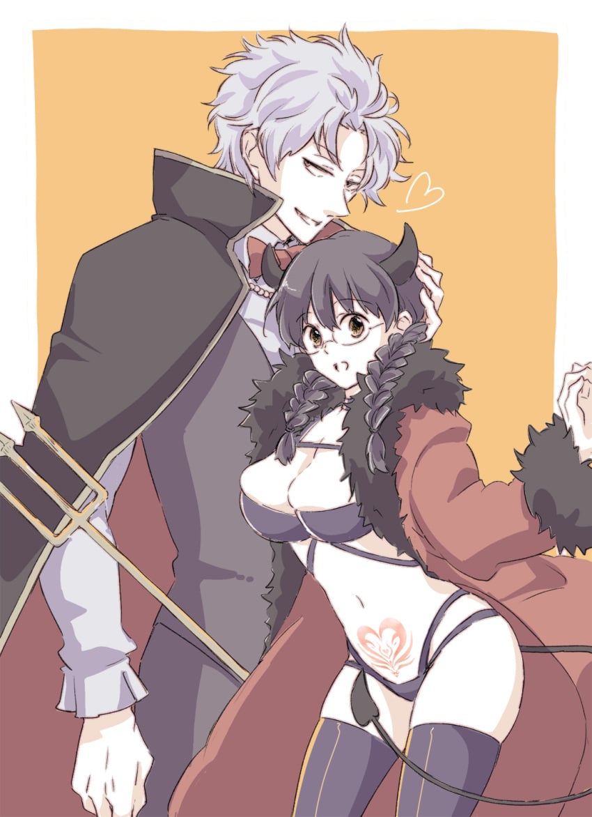 1boy 1girls big_breasts black_hair black_legwear black_thighhighs braided_hair braids brown_eyes cleavage coat demon_girl demon_horns demon_tail female fully_clothed genderswap_(mtf) gintama gintoki_sakata glasses halloween halloween_costume looking_at_viewer male official_alternate_costume pale-skinned_female pale_skin pubic_tattoo rule_63 shimura_shinpachi smile succubus thighhighs twin_braids vampire vampire_boy vampire_costume yellow_background