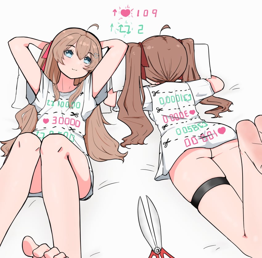 109kpm 2025 2girls aged_up bed blue_eyes bottomless brown_hair duo evil_neuro hair_ribbon hugging_pillow indie_virtual_youtuber long_hair neuro-sama no_sex no_visible_genitalia on_back on_front pillow retweet_challenge scissors shirt shirt_only siblings sisters strip_game t-shirt t-shirt_only thigh_strap topwear twins twintails virtual_youtuber vtuber youjo