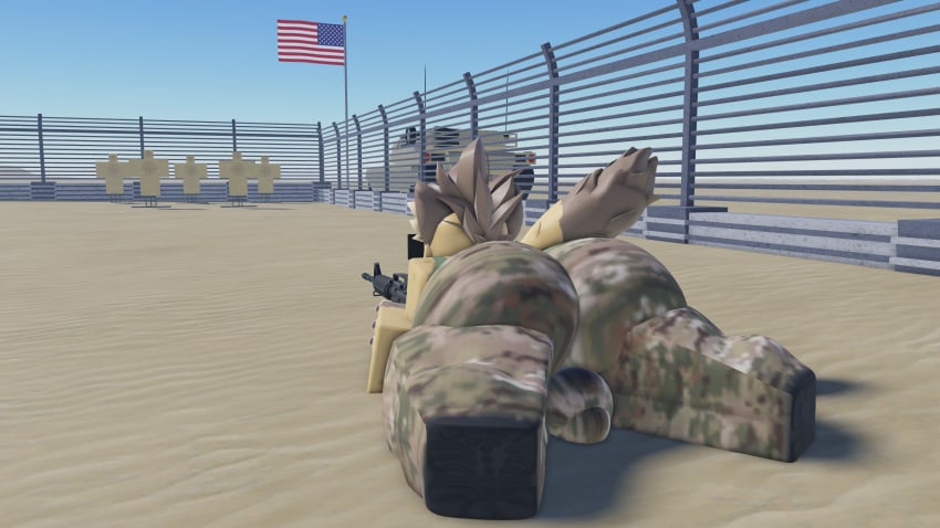 3d anthro ass ass_focus clothed desert femboy furry furry_only hyena male_only military_uniform nekomaniaa oc roblox roblox_avatar robloxian self_upload shooting_range united_states_of_america