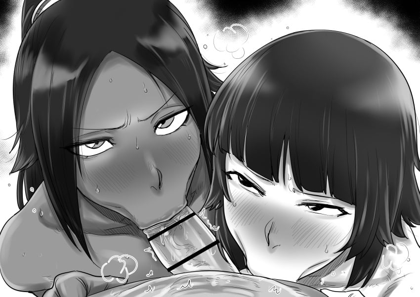 1boy 2girls :&gt;= absurdres bar_censor bleach censored cooperative_fellatio fellatio greyscale highres kaiman_garupan long_hair looking_at_viewer monochrome multiple_girls oral penis ponytail pov shihouin_yoruichi straight sui-feng teamwork_(sexual) testicle_sucking