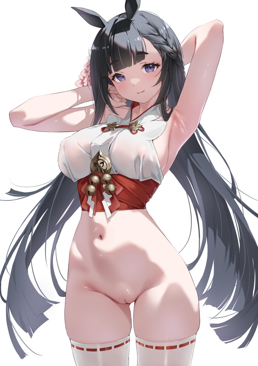 1girls animal_ears areola areolae armpits arms_behind_back arms_up azur_lane black_hair blue_eyes bottomless breasts classic_(zildjian33) closed_mouth daisen_(azur_lane) erect_nipples long_hair miko no_bra no_panties pussy see-through smile solo thighhighs top_clothed uncensored white_background