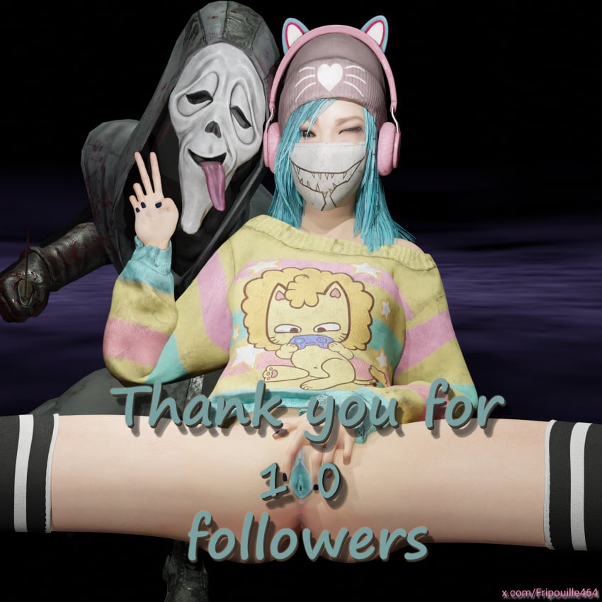 1boy 1girls 3d blender blue_hair blue_pussy bottomless bottomless_female cat_ear_headphones colored_pussy dbd dead_by_daylight female female_focus feng_min from_behind ghostface human no_panties presenting presenting_pussy presenting_vagina pussy pussy_focus revealing seductive_pose shiny_skin simplestuffs spread_legs twitter_username