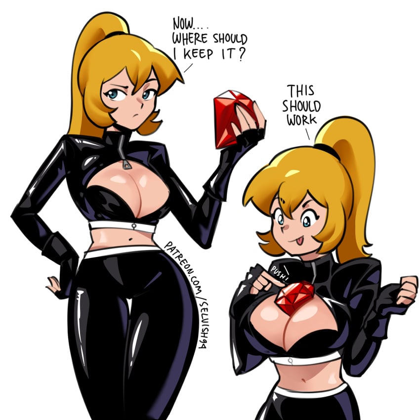 1girls blonde_female blonde_hair blue_eyes bra cleavage female female_focus female_only item_in_cleavage leather leather_clothing leather_gloves leather_jacket leather_pants light-skinned_female light_skin marri_(selvish94) midriff navel oc original original_character ruby_(gem) selvish94