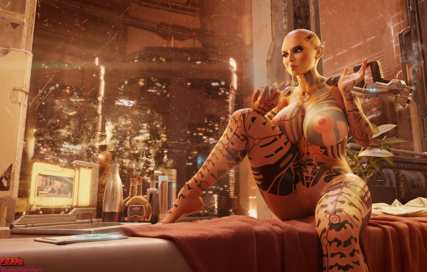 1girls 3d bald bald_female big_breasts breasts eating female food huge_breasts jack_(mass_effect) mass_effect nipples nude pussy sekaithereturn shaved_head solo tattoo