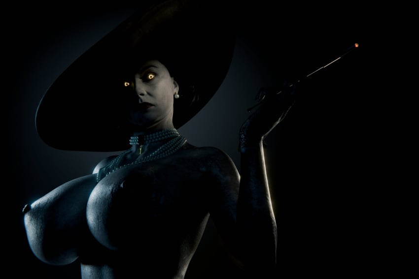 1girls 3d alcina_dimitrescu big_breasts breasts busty dark_lighting female female_only glowing_eyes hat huge_breasts large_breasts long_cigarette milf necklace nipples pale-skinned_female pale_skin resident_evil resident_evil_8:_village serpentorder solo upper_body upper_body_focus wide-brimmed_hat wide_brim_hat