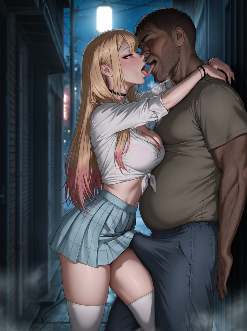 1girls ai_generated alley bitchy blonde_hair blush breasts bulge bulge_through_clothing cheating cheating_girlfriend choker cleavage crotch_rub dark dark-skinned_male dark_skin erection erection_under_clothes female grabbing hobo homeless hugging human imminent_sex interracial japanese_female kissing kitagawa_marin large_penis licking light-skinned_female light_skin makeup male male/female multicolored_hair netorare night ntr pink_eyes plaid_skirt rubbing_crotch saliva saliva_drip seducing seductive skirt socks sono_bisque_doll_wa_koi_wo_suru stable_diffusion thigh_against_crotch thigh_sex thighhighs tied_shirt tongue tongue_kiss vooluxx